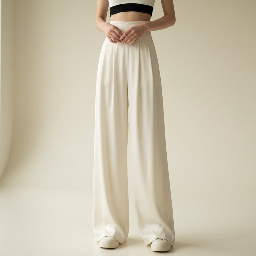 Pantalon en Coton Coupe Tailleur Taille Haute pour Femme