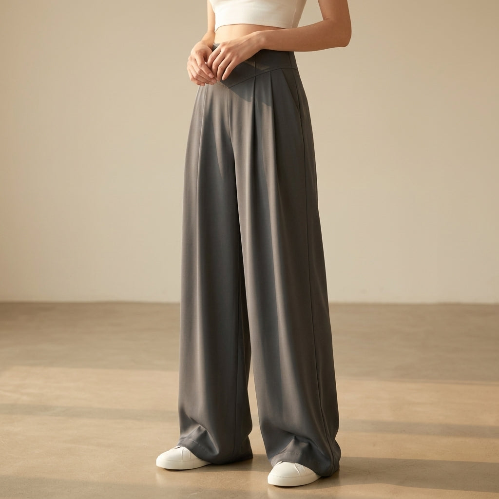 Pantalon en Coton Coupe Tailleur Taille Haute pour Femme