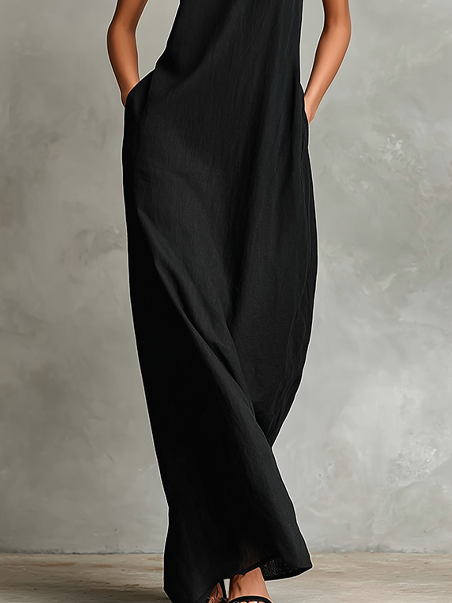 Robe maxi femme lin col montant poches latérales minimaliste