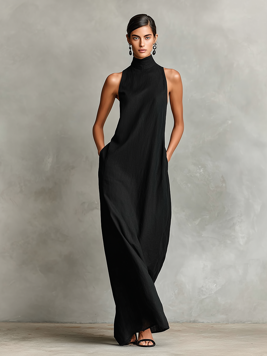 Robe maxi femme lin col montant poches latérales minimaliste