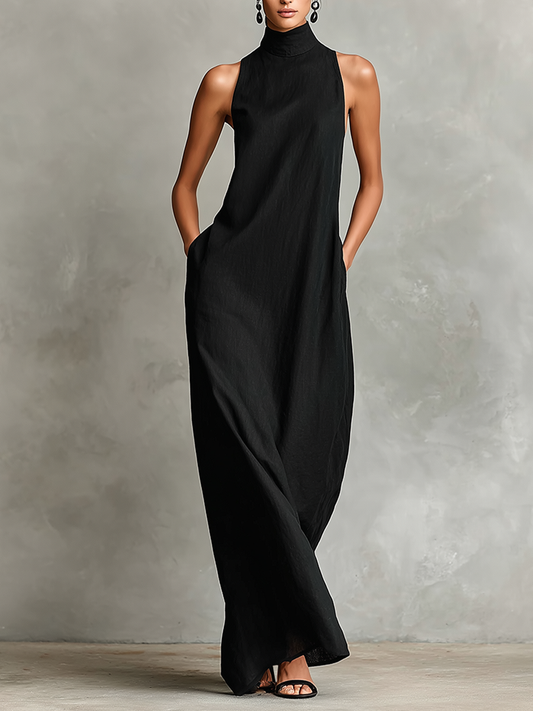 Women's minimalist linen maxi dress with a high neck and side pockets