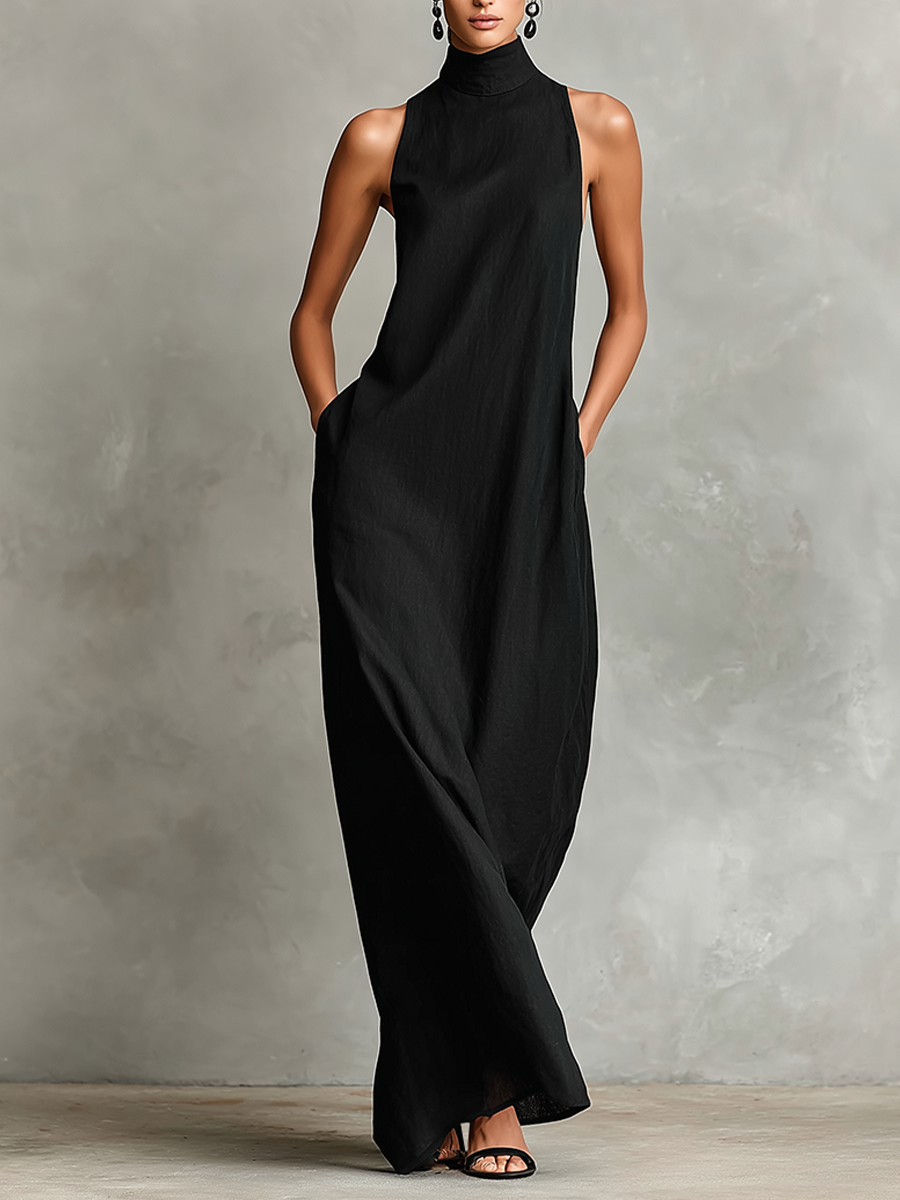 Robe maxi femme lin col montant poches latérales minimaliste
