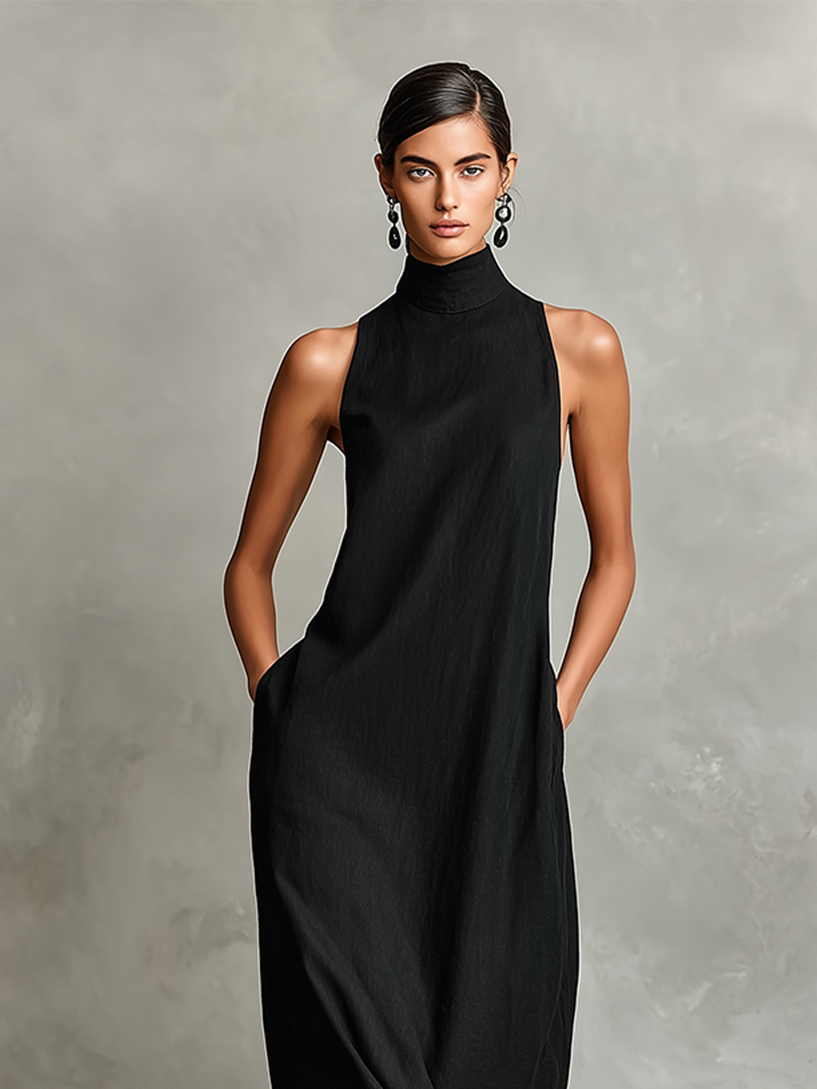 Robe maxi femme lin col montant poches latérales minimaliste