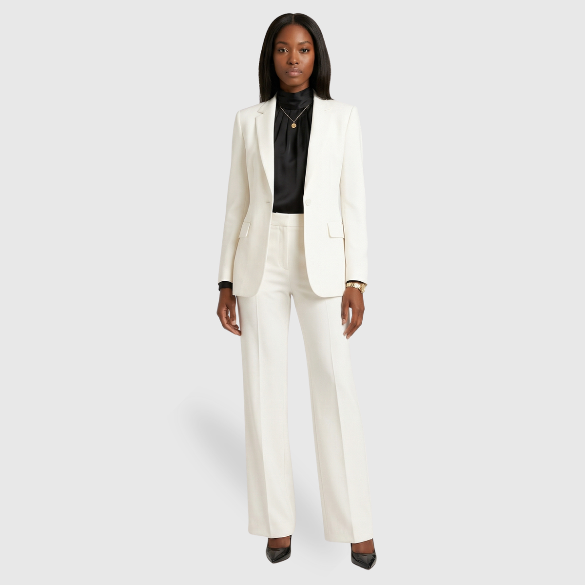 Ensemble tailleur femme blazer ajusté pantalon large fermeture boutonnée