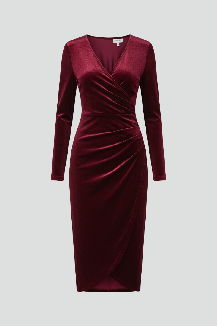 Women's elegant long-sleeve V-neck midi dress for evening wear
