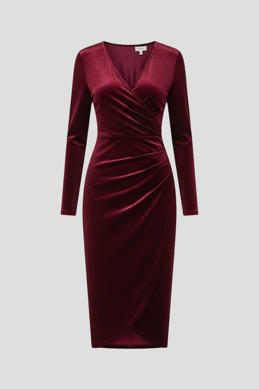 Abito midi elegante da donna con maniche lunghe e scollo a V, da sera
