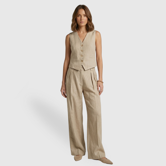 Women's Linen Set with Sleeveless Vest and High-Waisted Wide-Leg Trousers