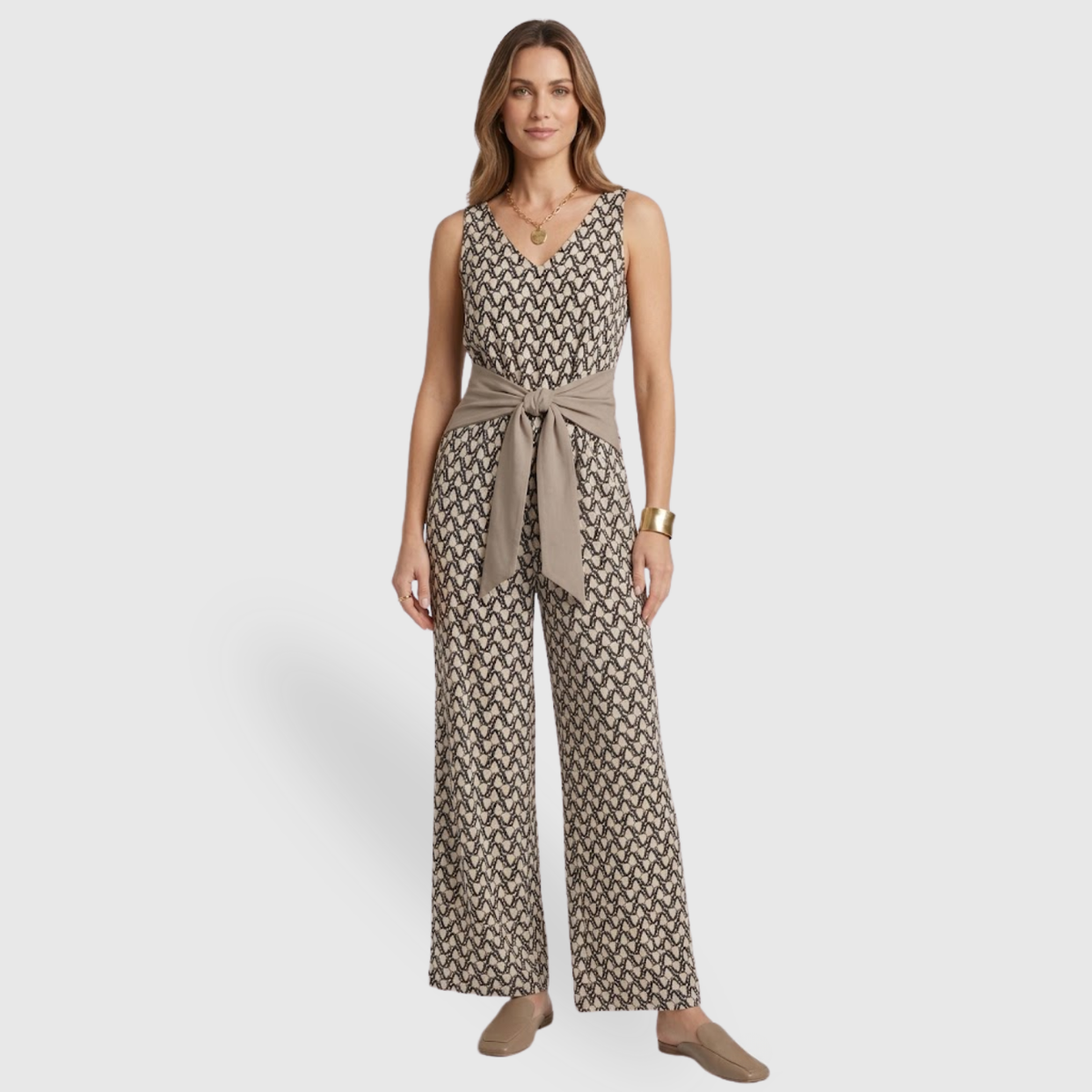Combinaison femme été longue sans manches taille nouée col V coupe ample