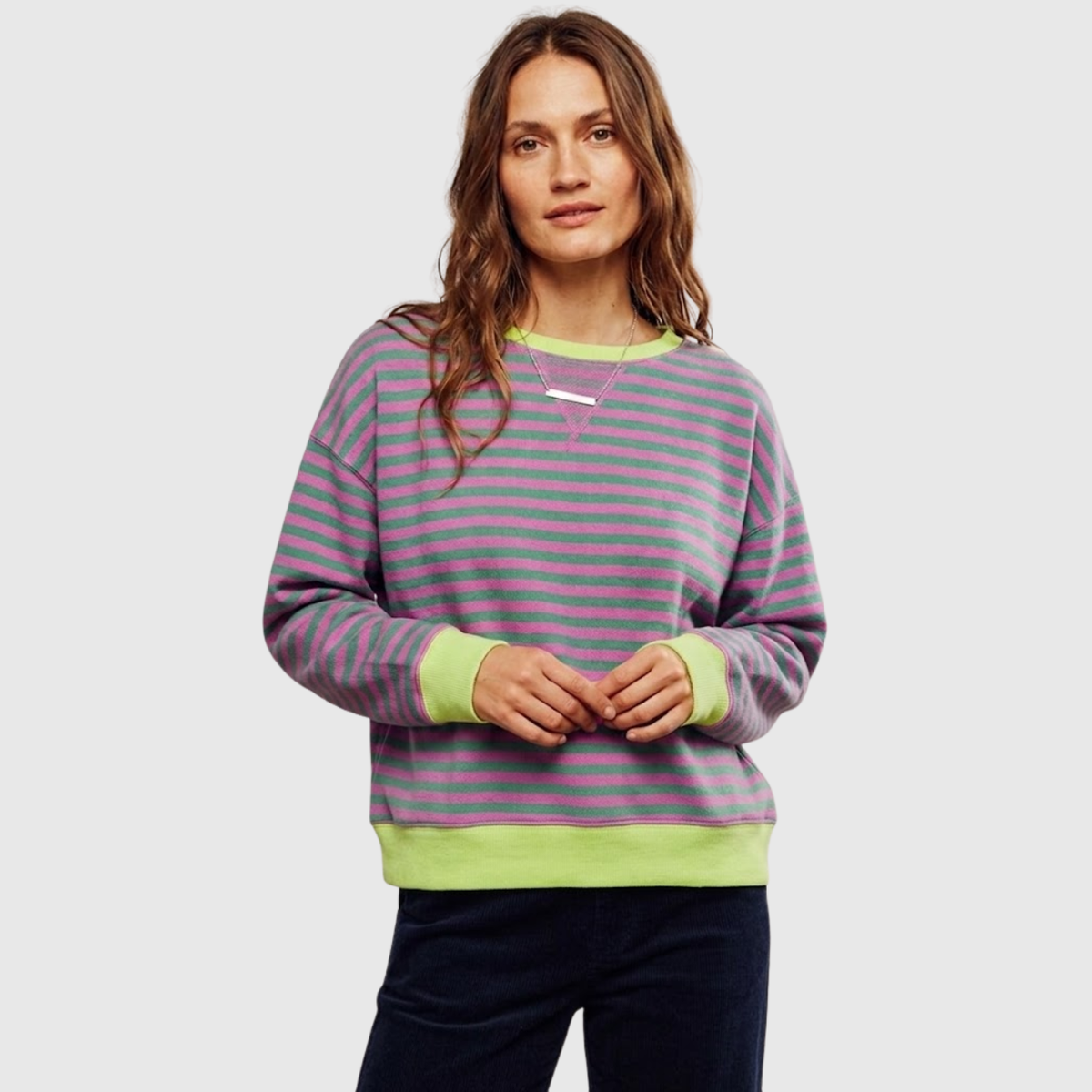 Sudadera oversize a rayas para mujer, cuello redondo, manga larga y corte holgado
