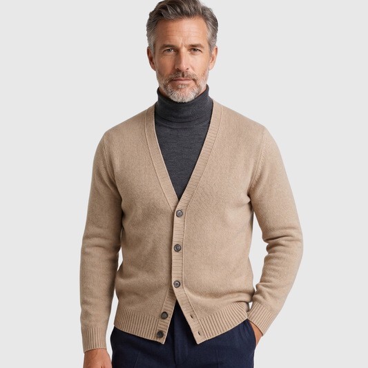 Cardigan da uomo in lana merino, con scollo a V, lavorazione a maglia, bottoni e taglio aderente