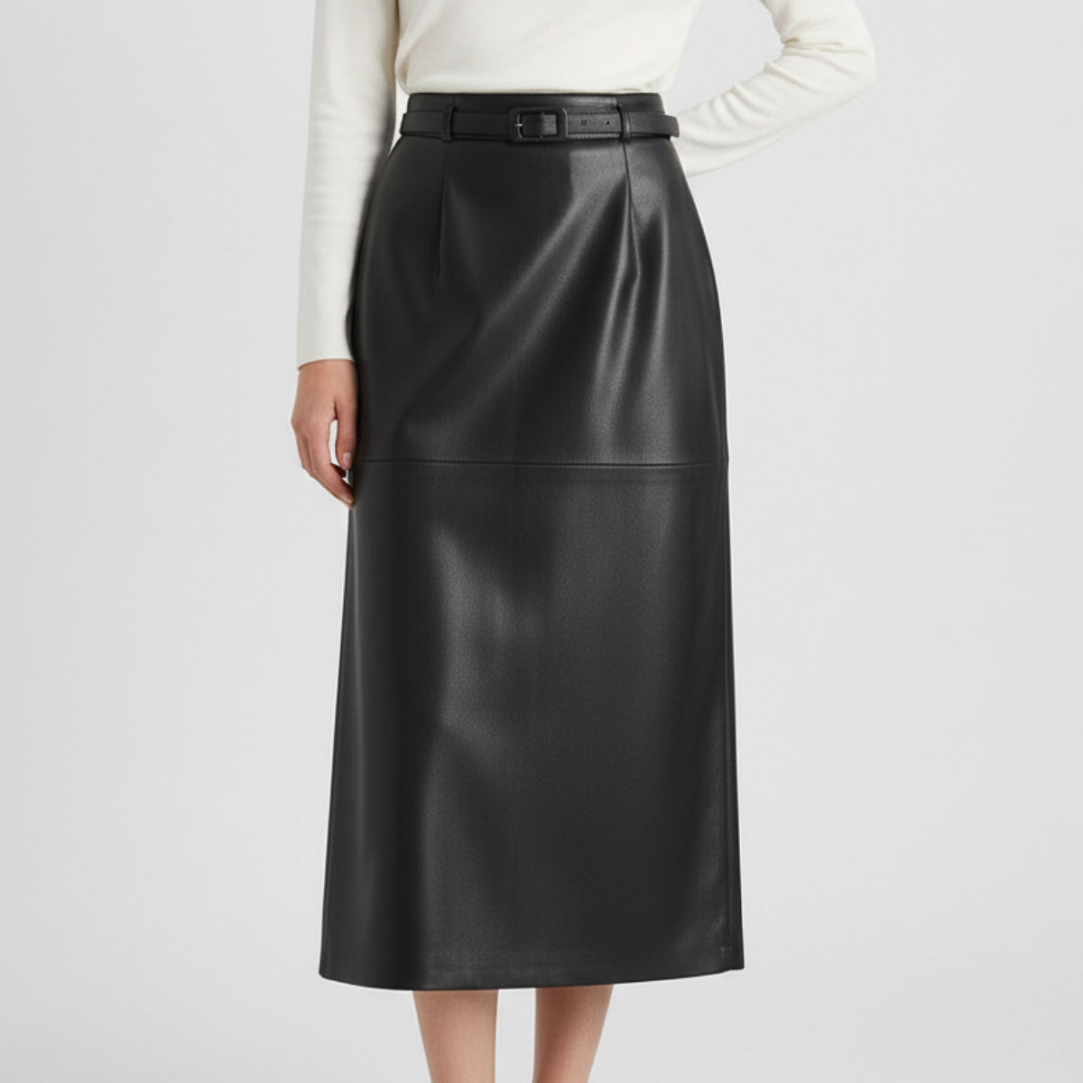Jupe en Similicuir Taille Haute Ceinture à Boucle pour Femme