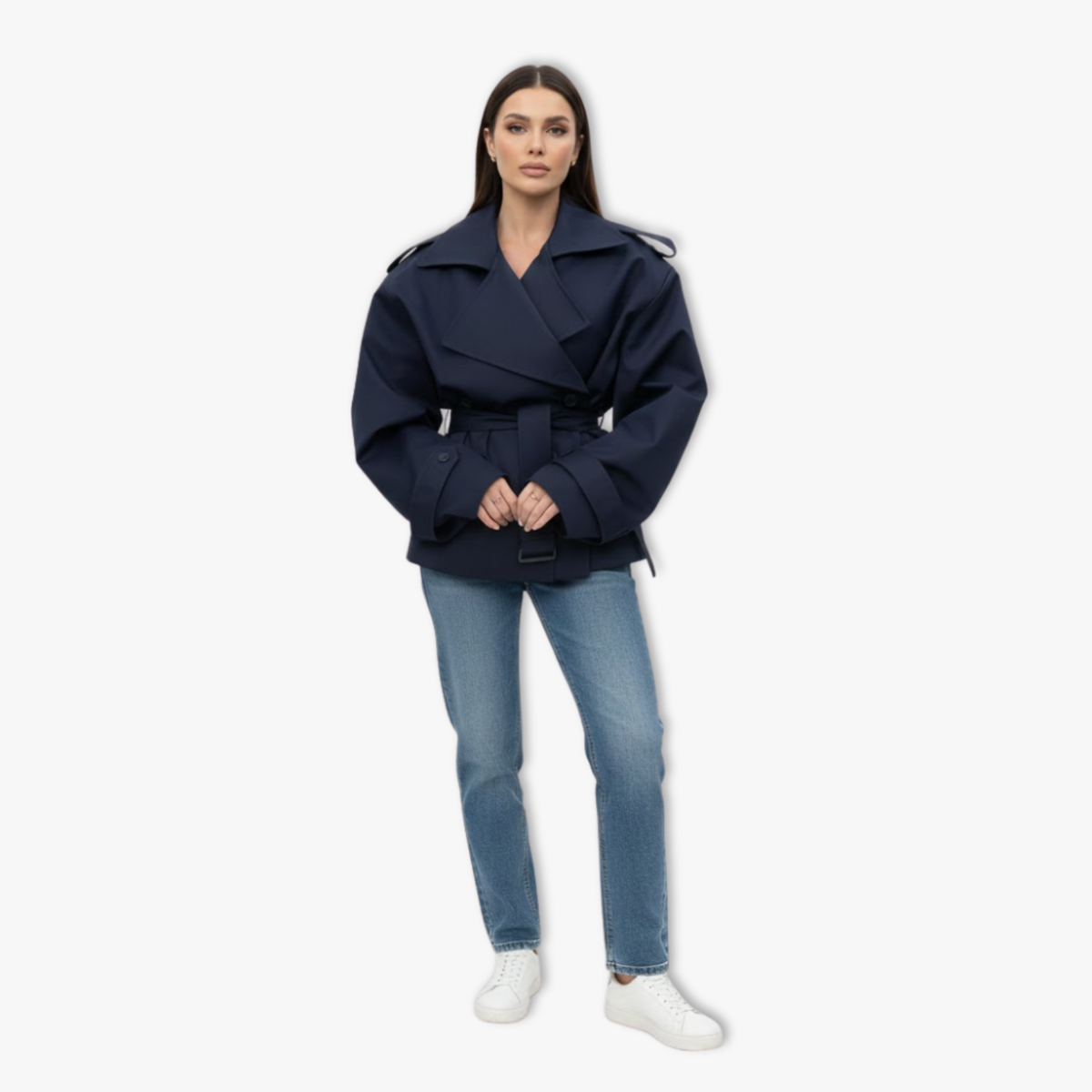 Trench court femme coupe-vent revers laçage taille moderne