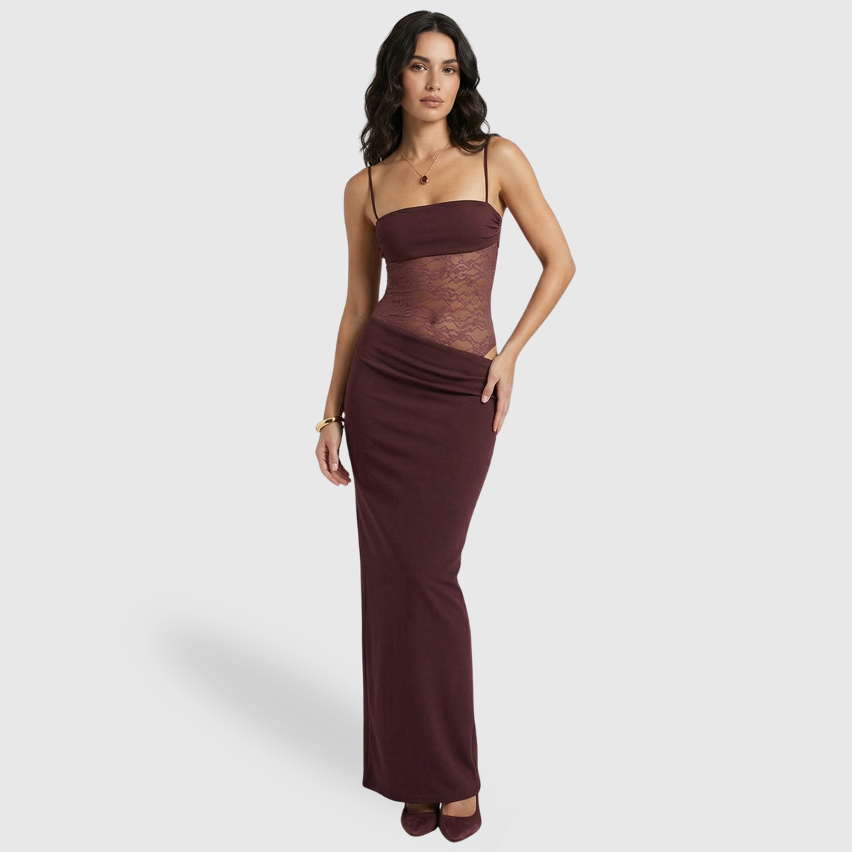 Vestido largo de noche para mujer, palabra de honor, de encaje y corte ajustado