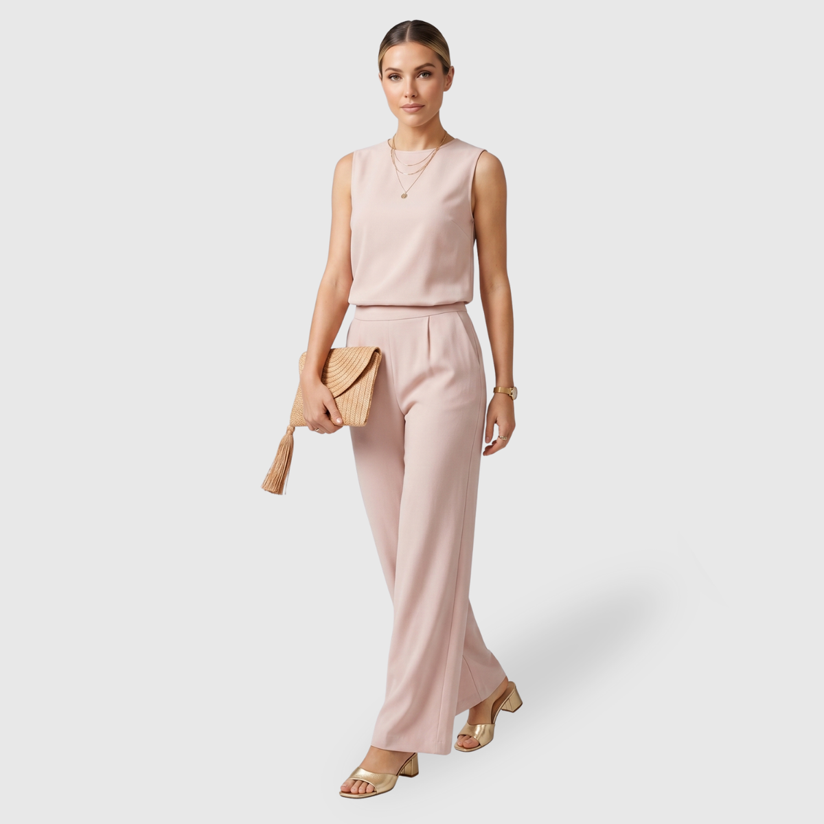 Combinaison pantalon femme col rond taille mi-haute jambes larges