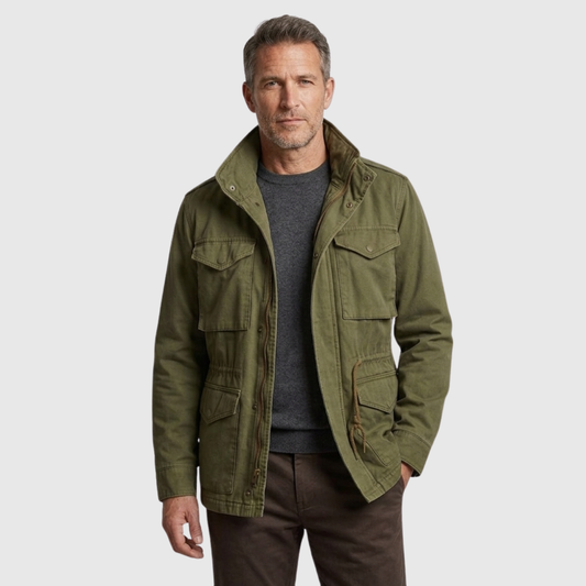Giacca militare da uomo stile field jacket, con molte tasche e chiusura con zip e bottoni