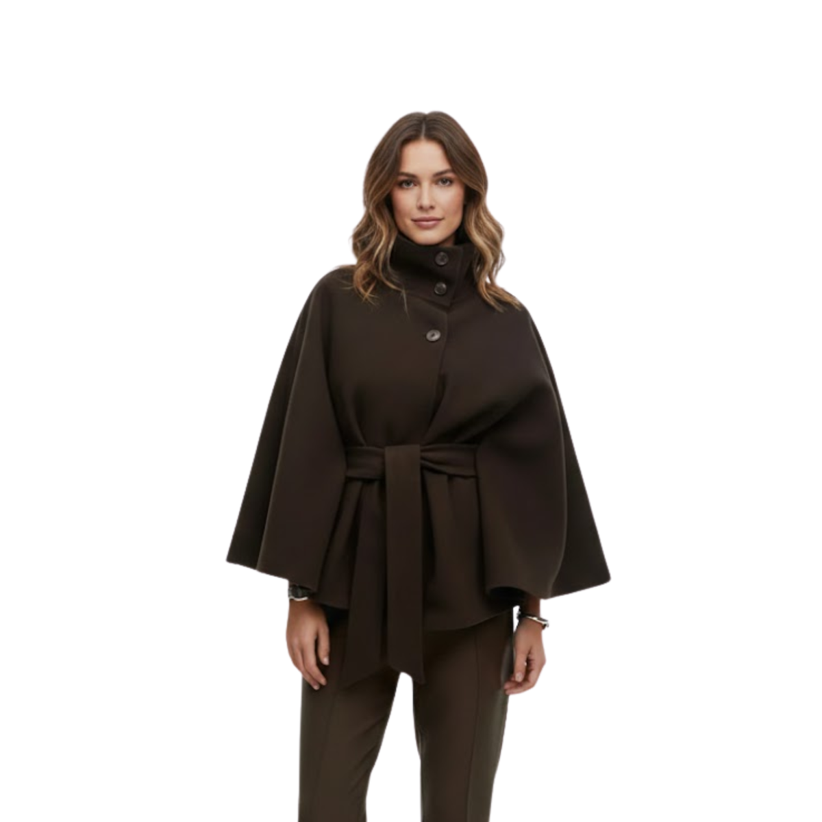 Manteau cape femme structuré ceinture col montant élégant