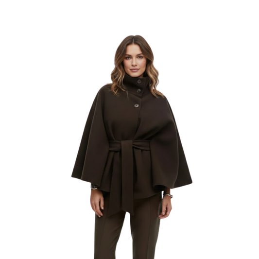 Manteau cape femme structuré ceinture col montant élégant