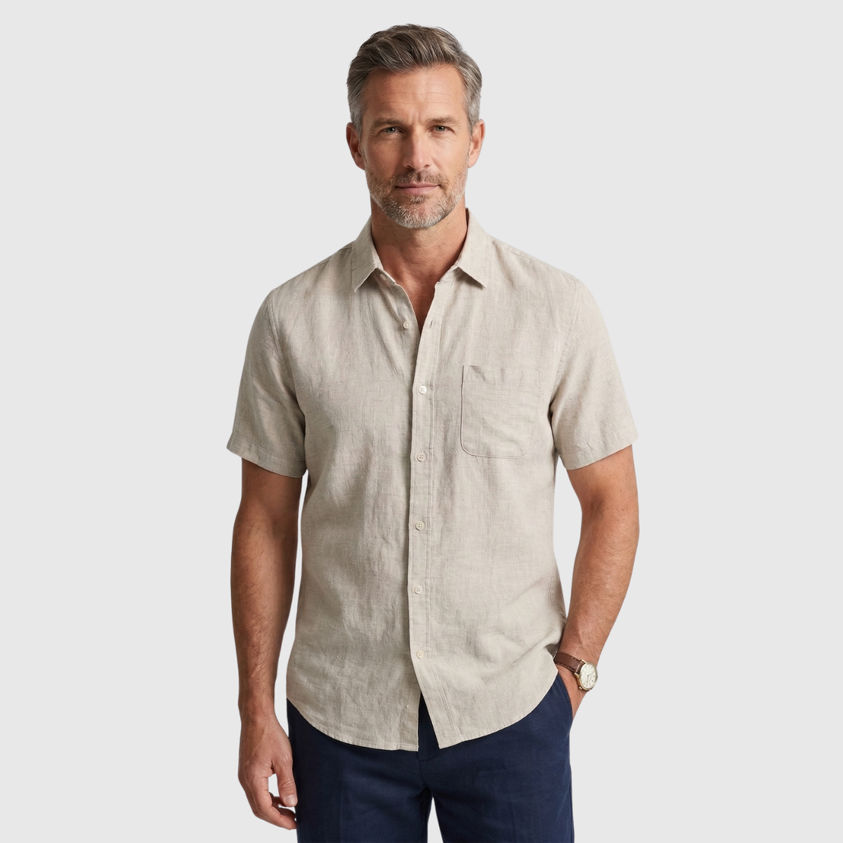 Chemise homme lin manches courtes col boutonné coupe décontractée été