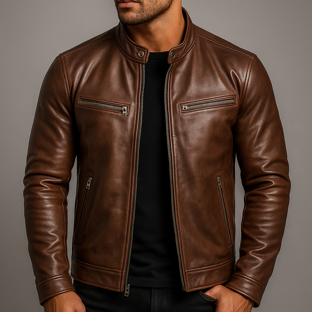 Chaqueta de cuero urbana informal para hombre, de estilo vintage, con forro de algodón y cremallera