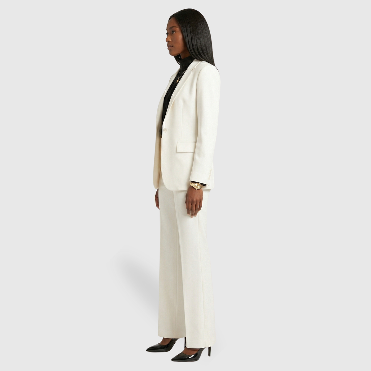 Ensemble tailleur femme blazer ajusté pantalon large fermeture boutonnée
