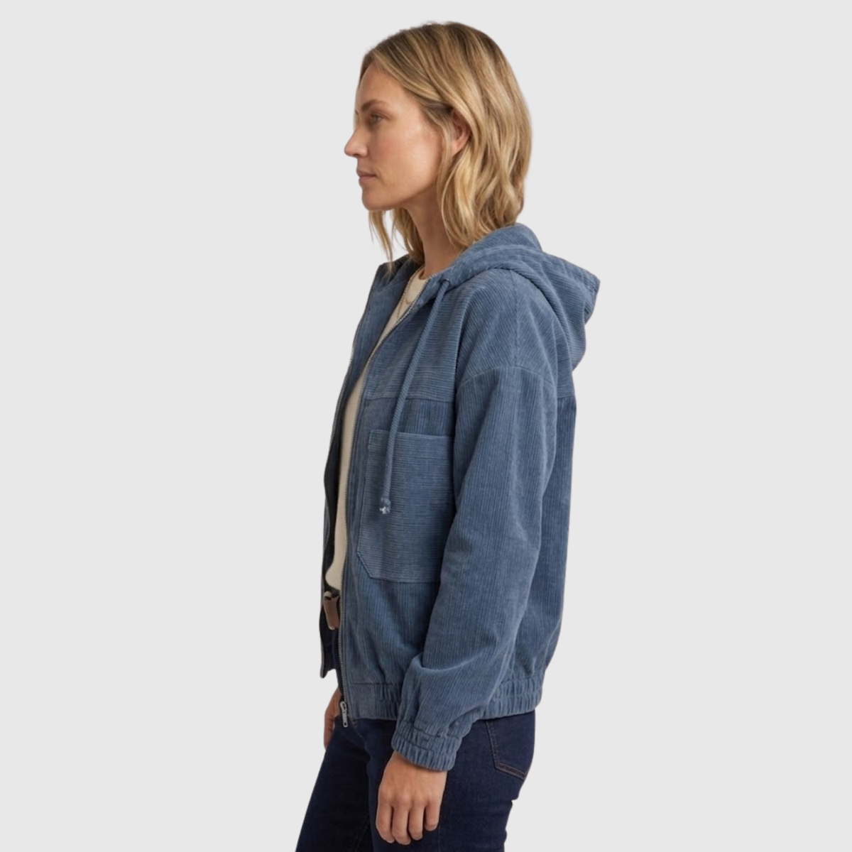 Veste velours côtelé femme zippée capuche manches longues coupe droite