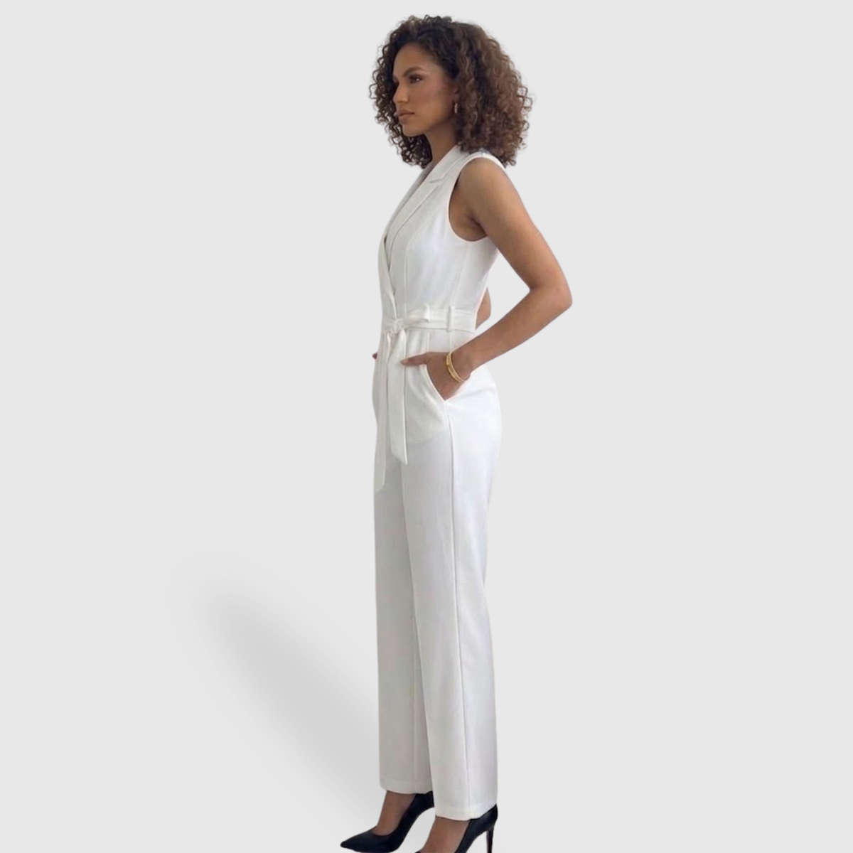 Combinaison femme élégante pantalon taille haute sans manches coupe fluide