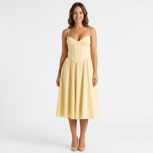Abito midi a trapezio da donna, senza spalline, con spalline sottili e struttura modellante