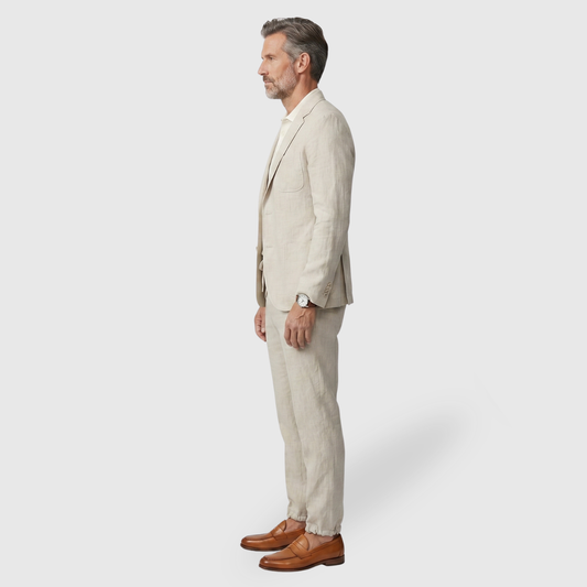 Completo da uomo in misto lino a due pezzi, blazer e pantaloni con coulisse