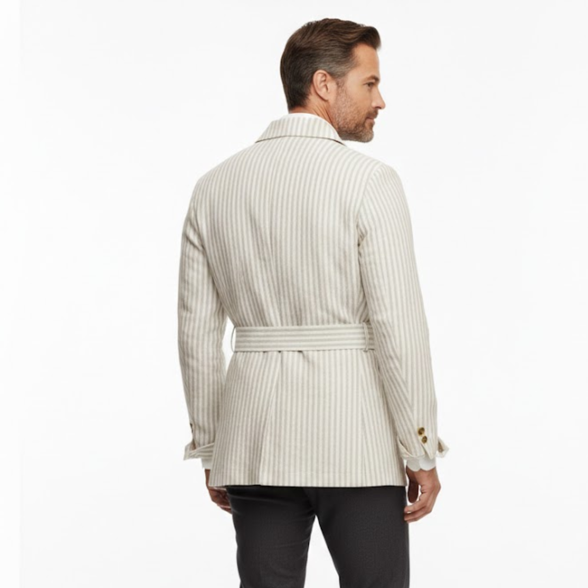 Chaqueta sahariana para hombre, a rayas, con cinturón y cuatro bolsillos de parche