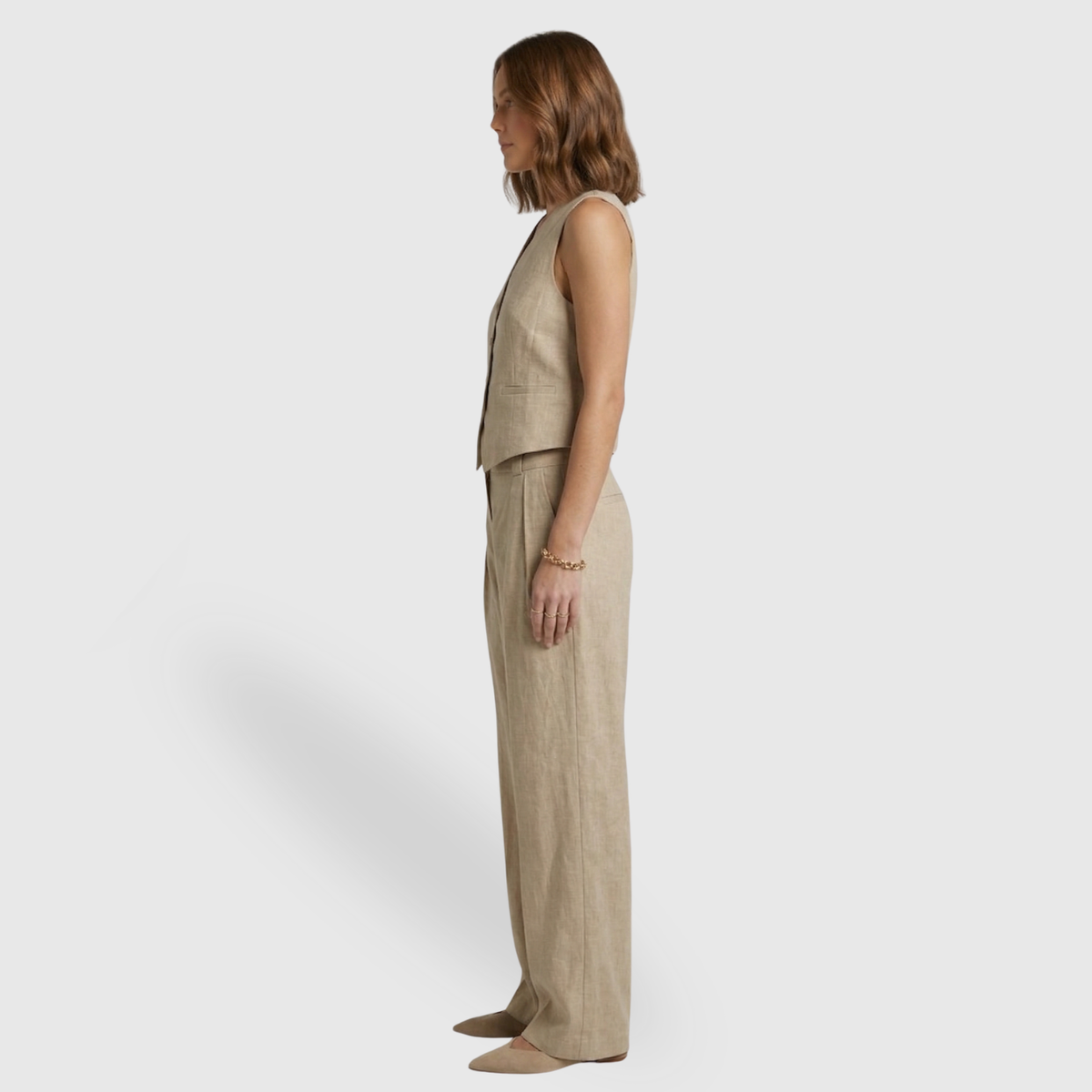 Ensemble lin femme gilet sans manches pantalon large taille haute
