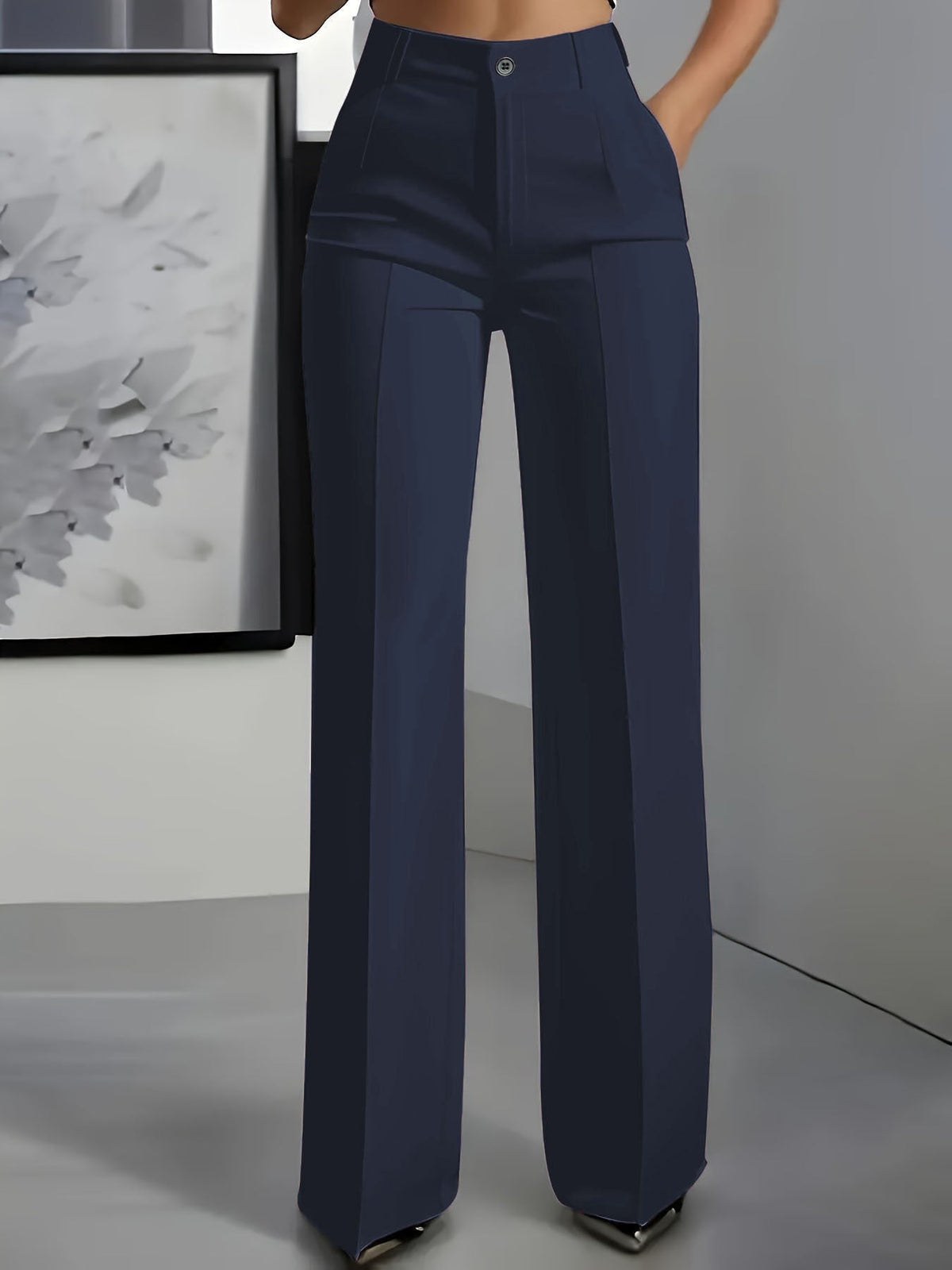 Pantalon jambe large femme taille haute tissu structuré