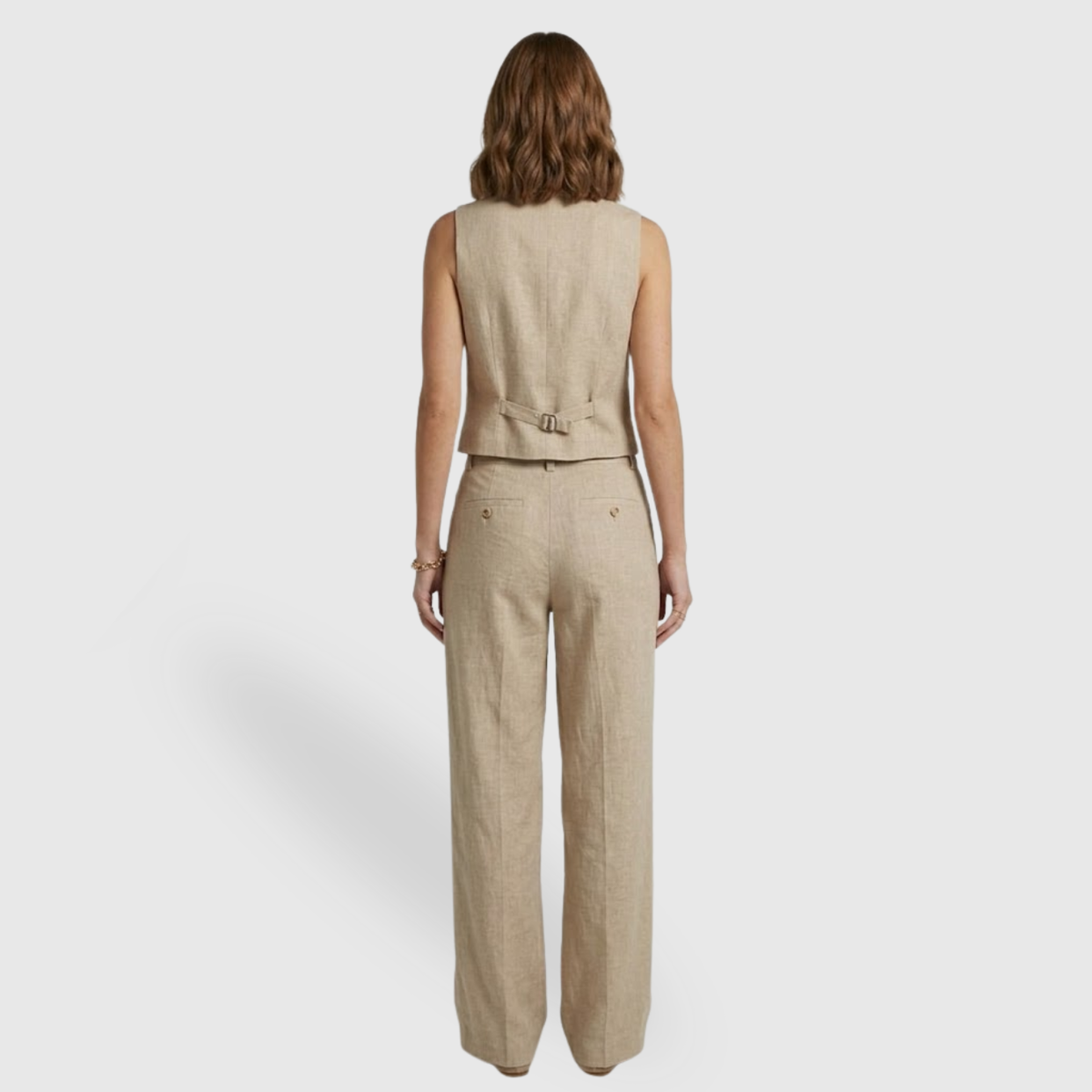 Ensemble lin femme gilet sans manches pantalon large taille haute