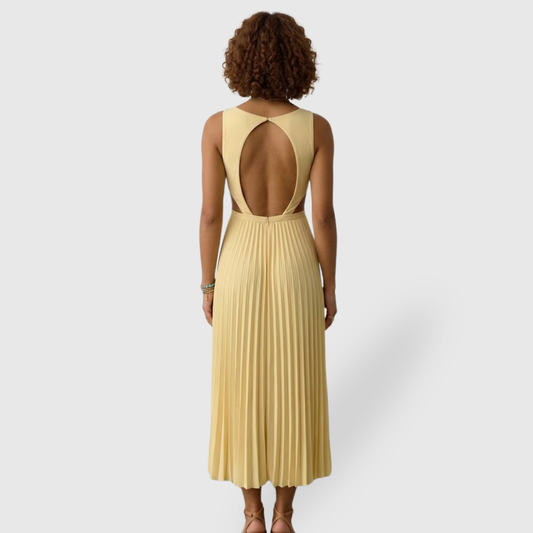 Women's Long Pleated Dress with V-Neck, Sleeveless Design and Flowing Fit