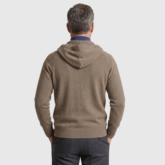 Cardigan da uomo in lana merino con cappuccio, lavorazione a maglia spessa e chiusura a zip