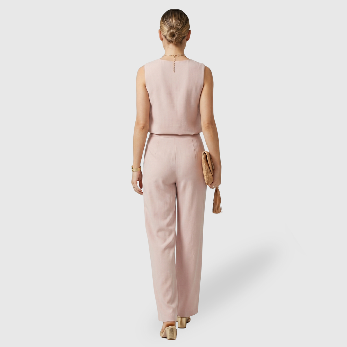 Combinaison pantalon femme col rond taille mi-haute jambes larges