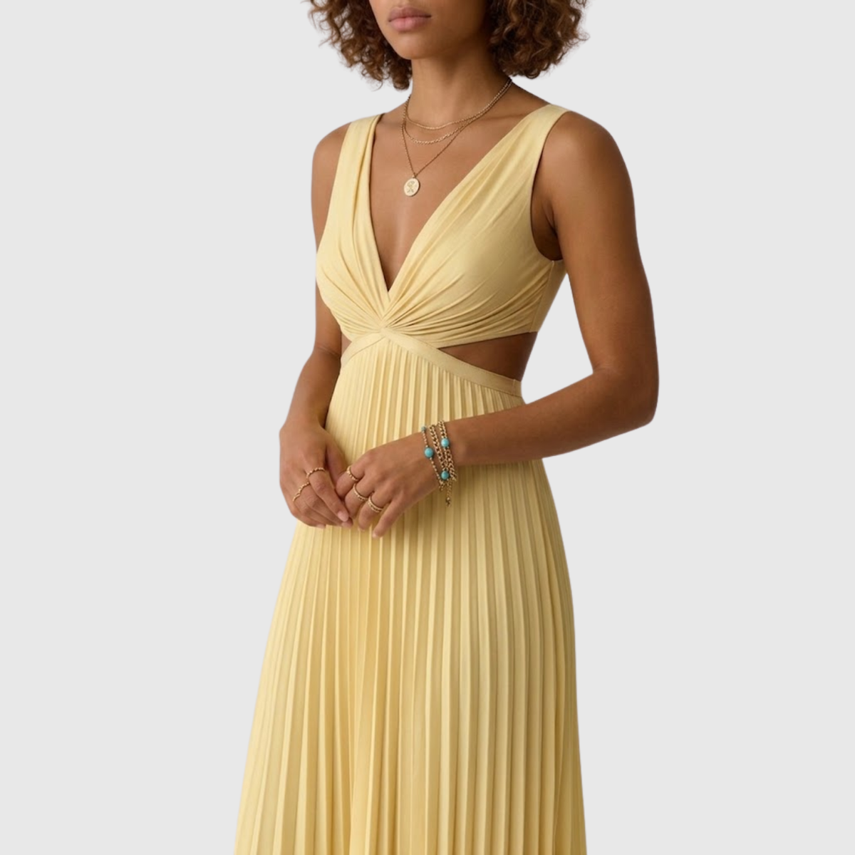 Robe longue plissée femme col V sans manches coupe fluide