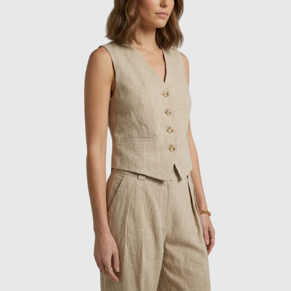 Ensemble lin femme gilet sans manches pantalon large taille haute