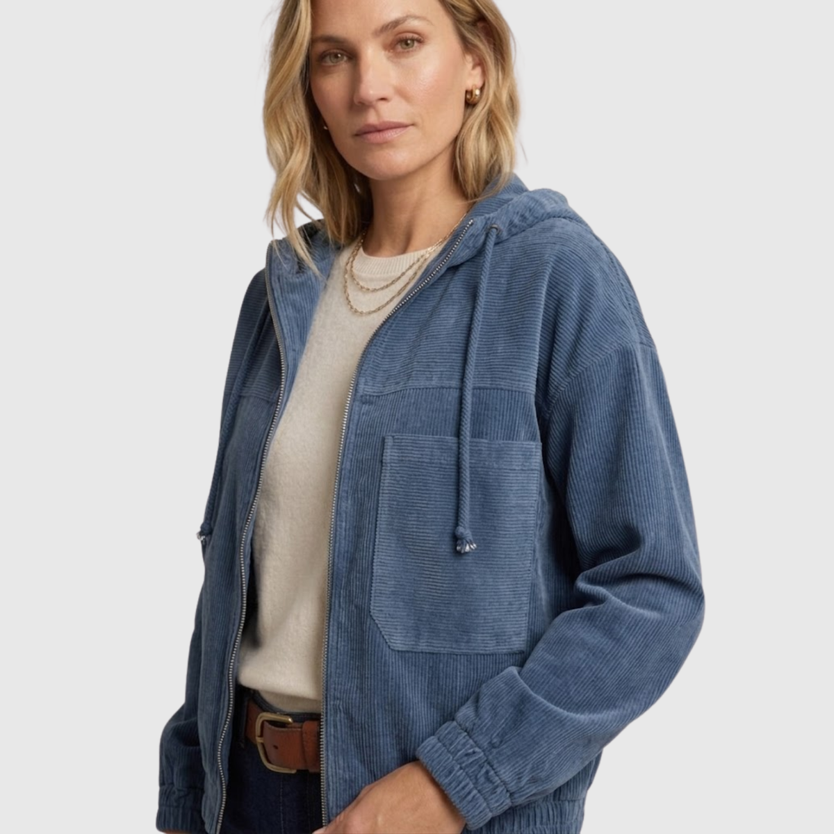 Veste velours côtelé femme zippée capuche manches longues coupe droite