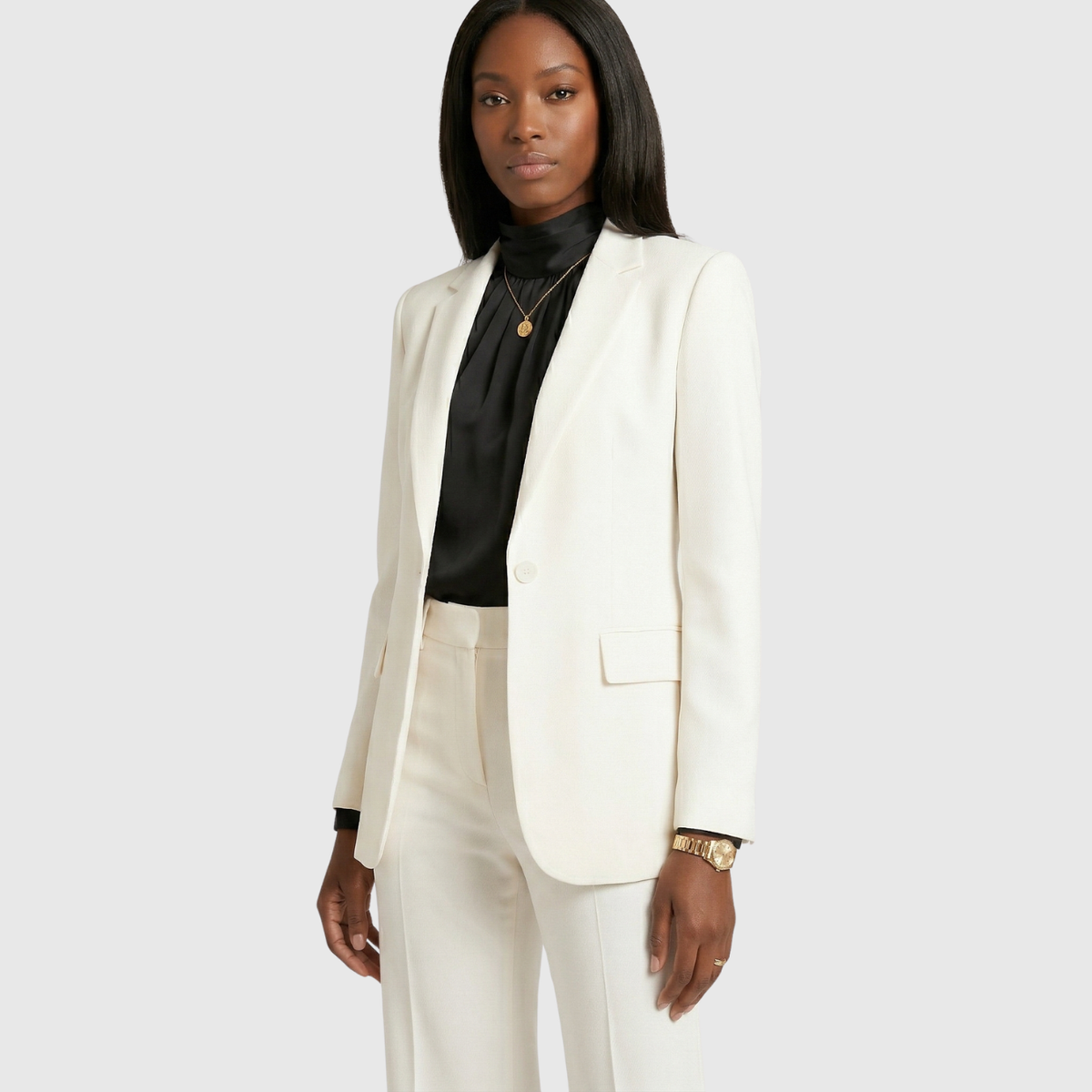 Ensemble tailleur femme blazer ajusté pantalon large fermeture boutonnée