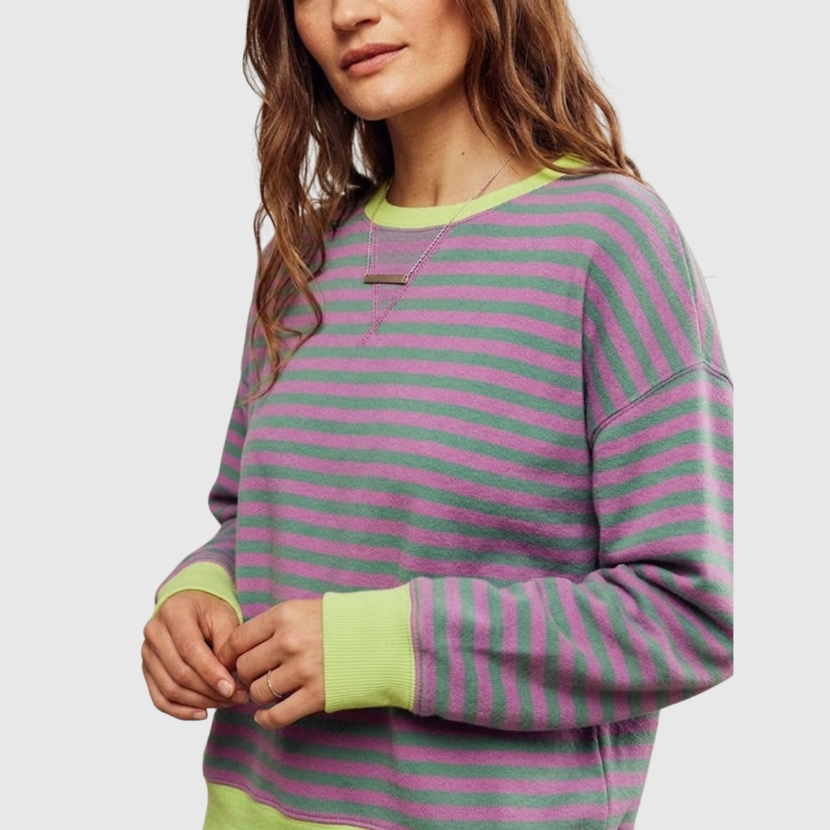 Sudadera oversize a rayas para mujer, cuello redondo, manga larga y corte holgado