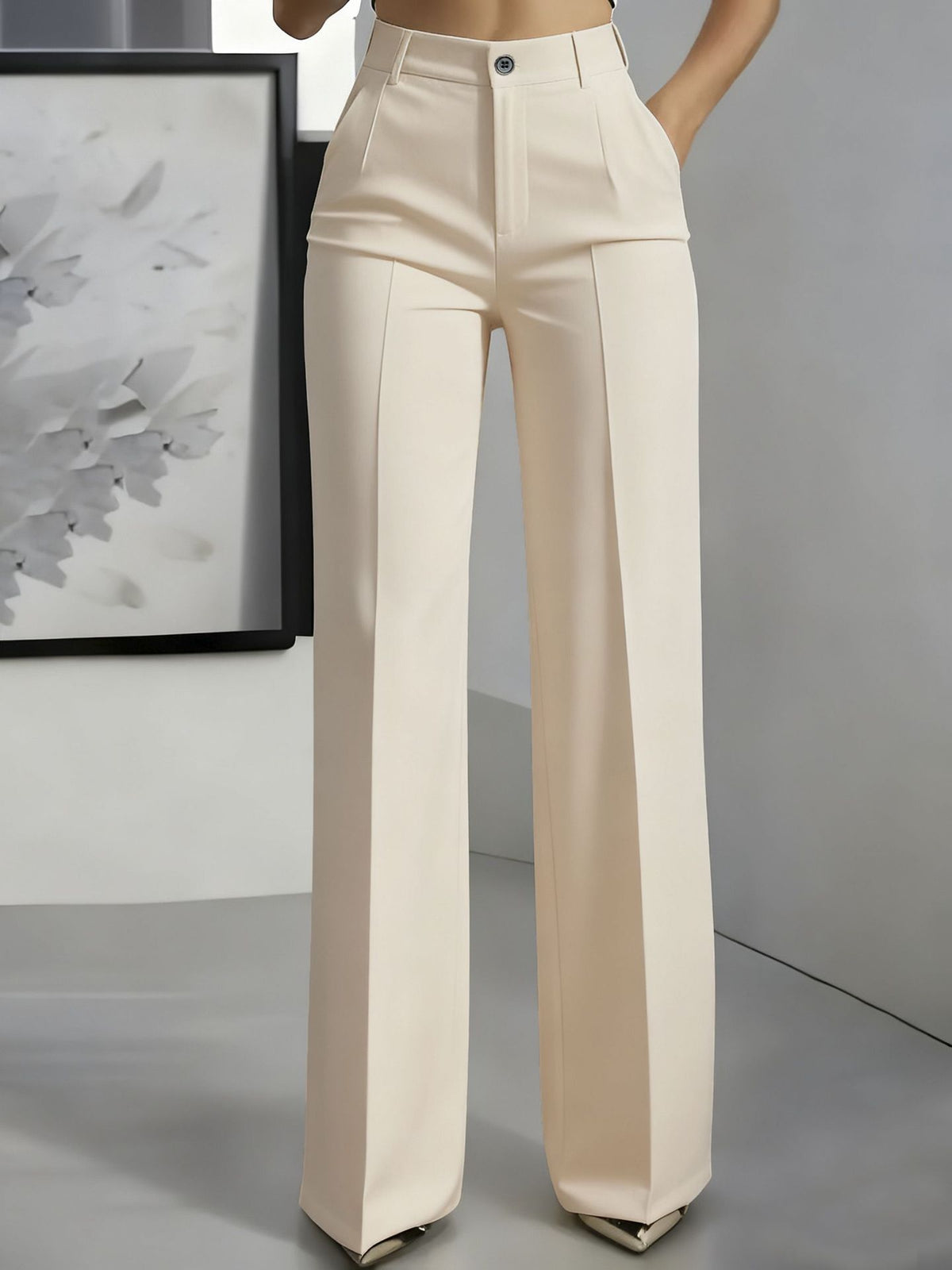 Pantalon jambe large femme taille haute tissu structuré