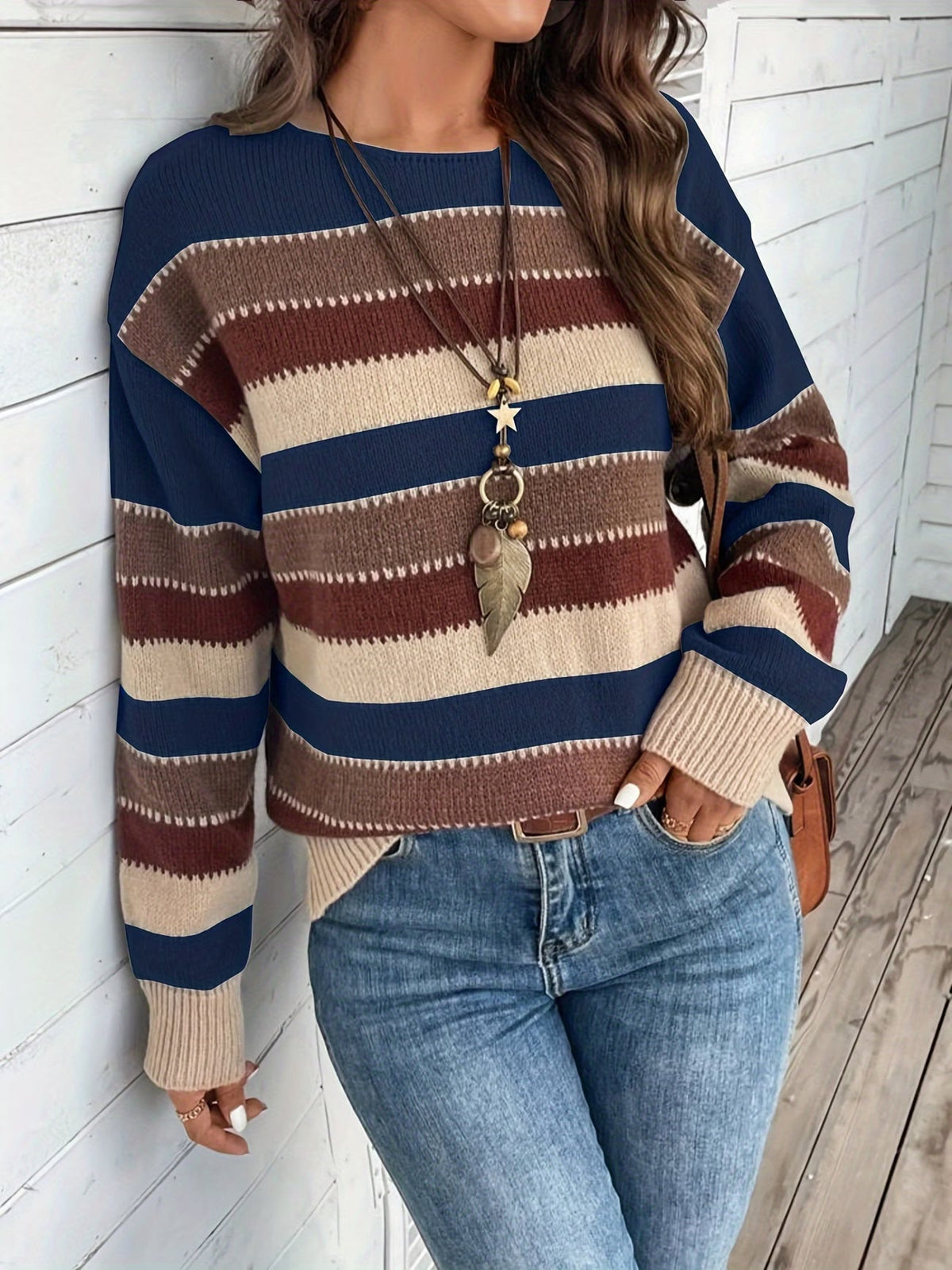 Jersey de mujer de punto a rayas, cuello redondo, clásico y atemporal