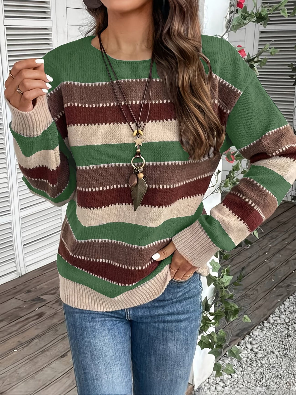 Jersey de mujer de punto a rayas, cuello redondo, clásico y atemporal