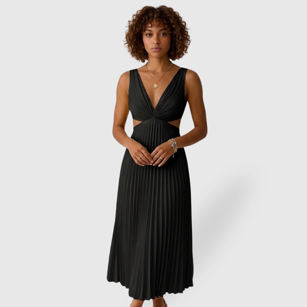 Robe longue plissée femme col V sans manches coupe fluide