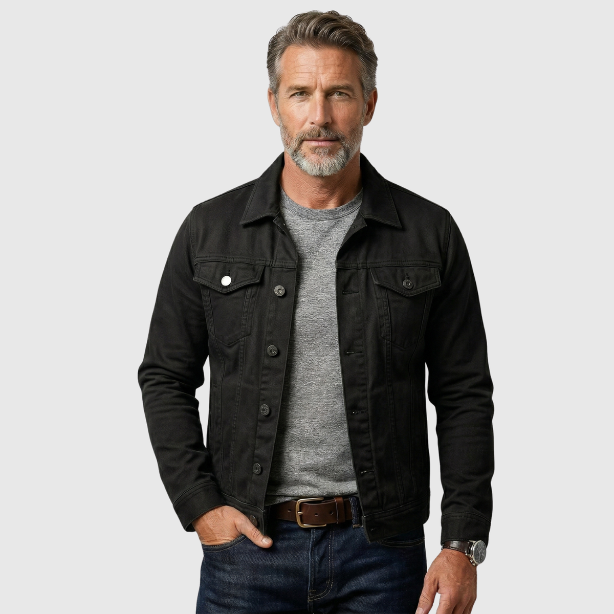 Veste en jean homme coupe classique boutonnée col chemise poches poitrine