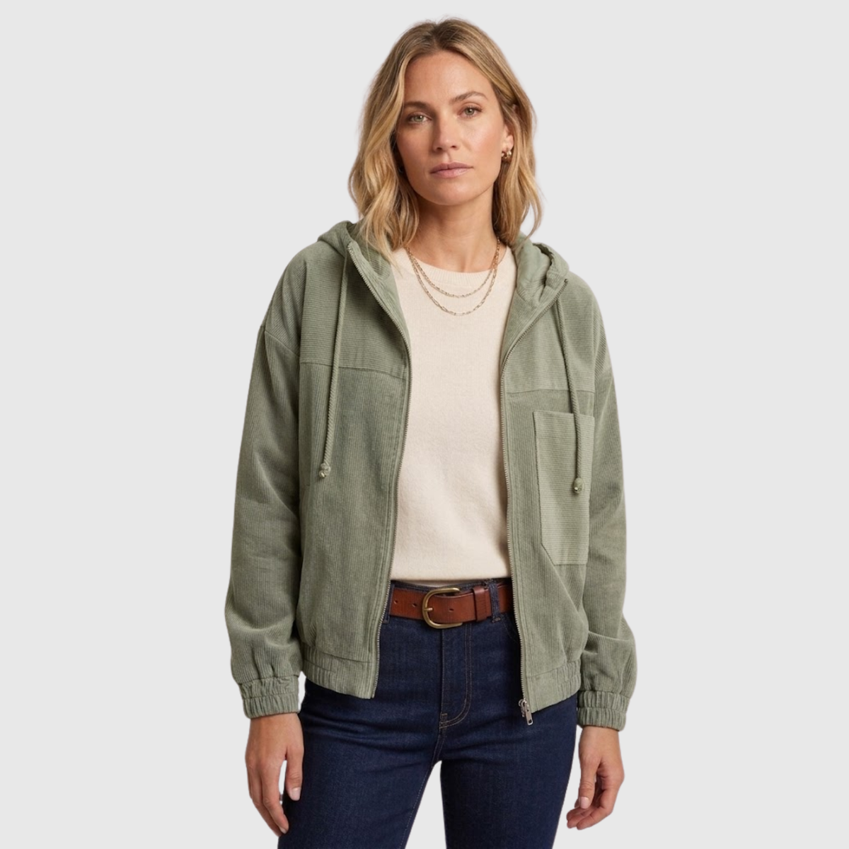 Veste velours côtelé femme zippée capuche manches longues coupe droite