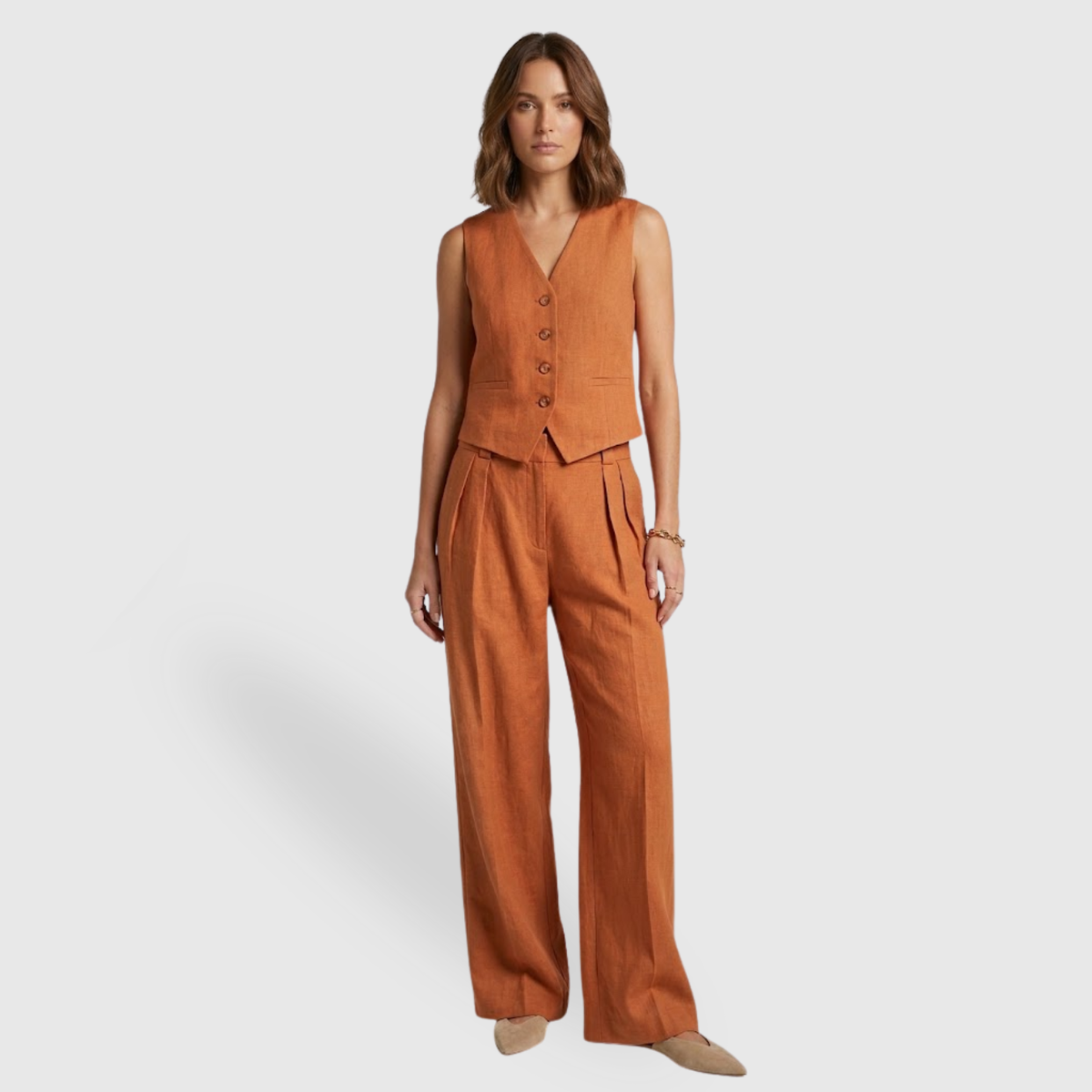 Ensemble lin femme gilet sans manches pantalon large taille haute