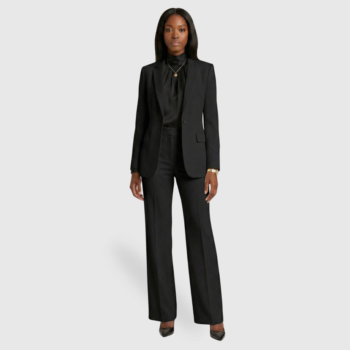 Ensemble tailleur femme blazer ajusté pantalon large fermeture boutonnée