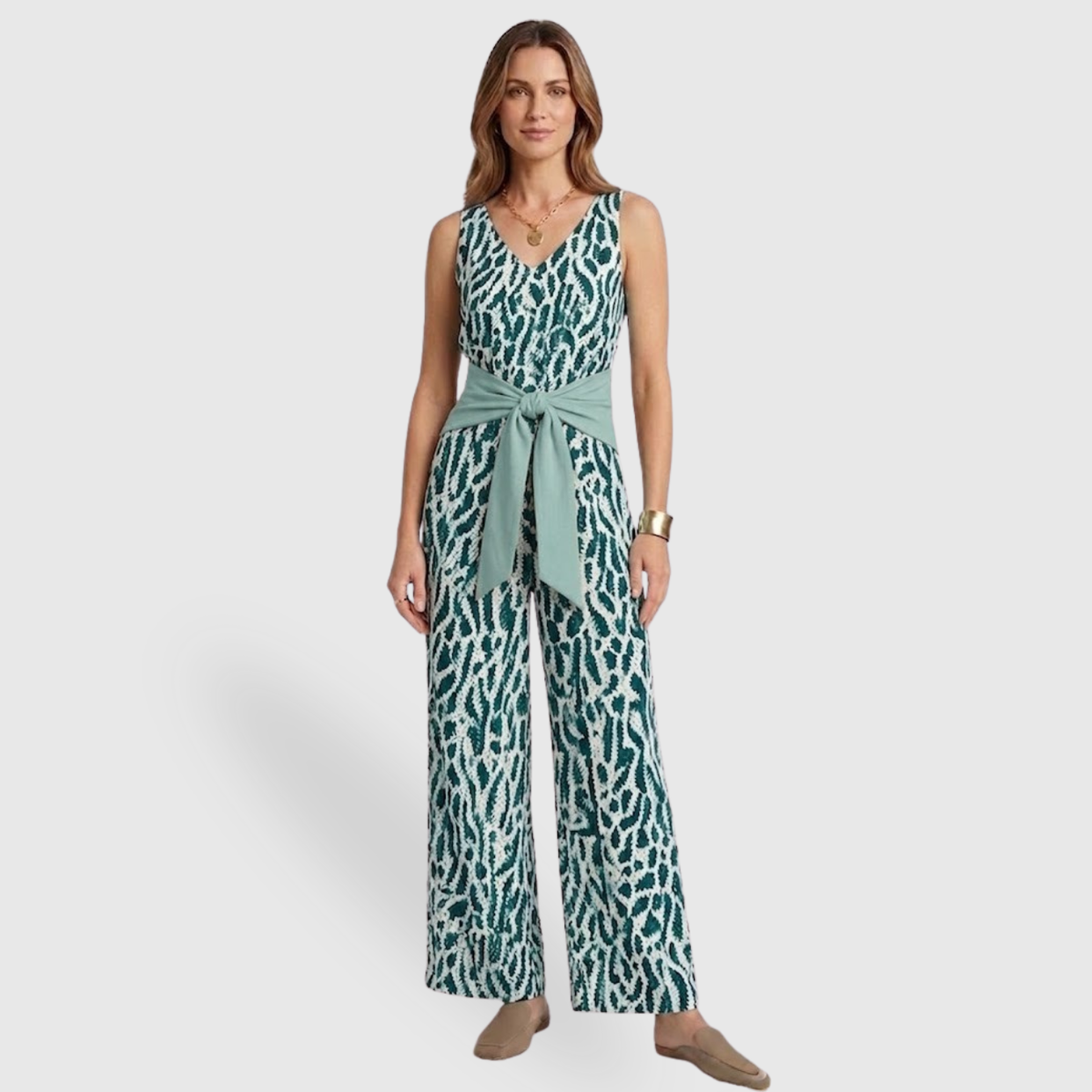 Combinaison femme été longue sans manches taille nouée col V coupe ample