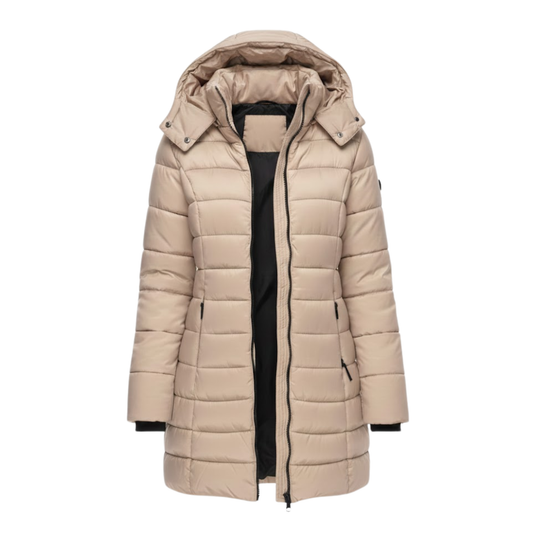 Women's mid-length quilted parka with hood and slim winter silhouette